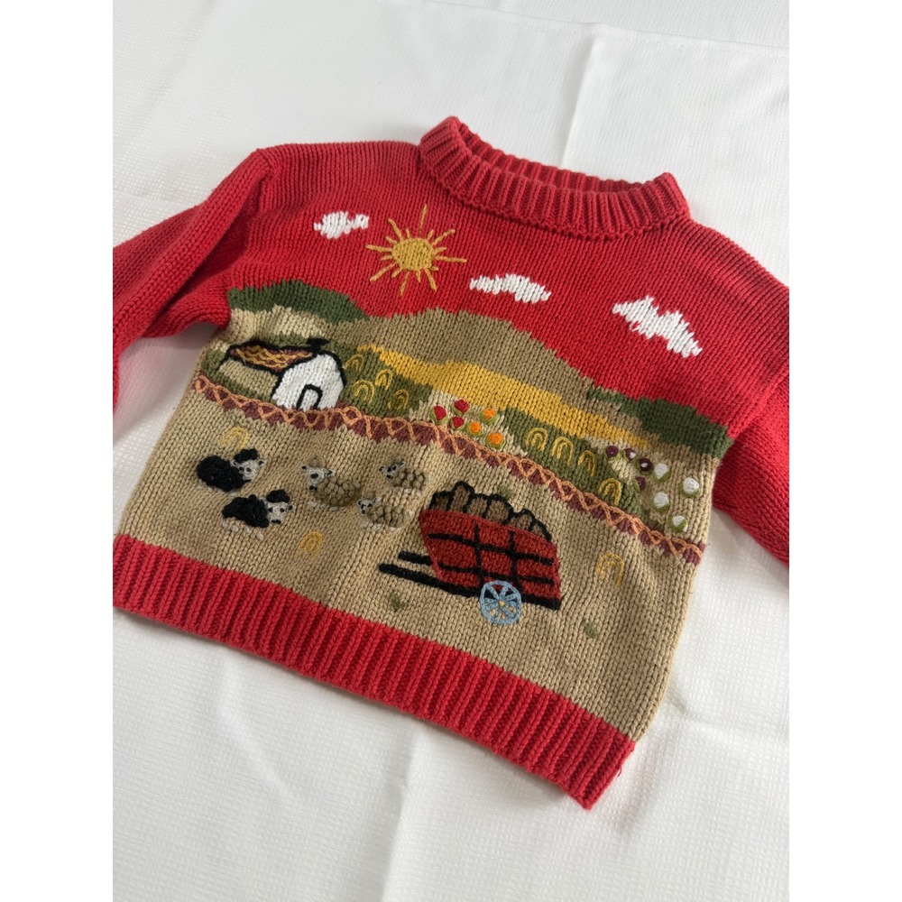 Gougane Handmade Knitwear Red Farm Scene Intarsia Cotton Sweater Kids 2 - Picture 4 of 12